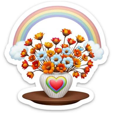 a bouquet of cotton flowers with brown dried petals, in a white ribbed vase on a white tray. next to it is a figurine in the form of a white heart, with a rainbow outline sticker