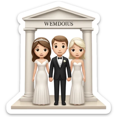 A 3D cartoon courthouse wedding venue with a bride and groom standing at the entrance, elegant white columns, soft natural lighting, simple modern decor, minimal background, realistic Memoji-style rendering. sticker