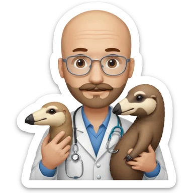 A bald veterinarian with a beard and mustache holding an anteater sticker