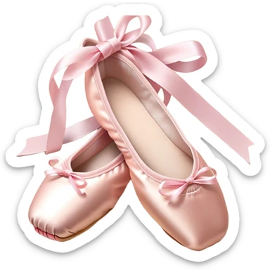 Cinematic Realistic Ballet Shoes, soft satin pink pointe shoes with delicate ribbons, resting gently on a polished wooden floor, subtle creases in the fabric, glowing under the warm golden light of a rehearsal studio, evoking elegance and grace. sticker