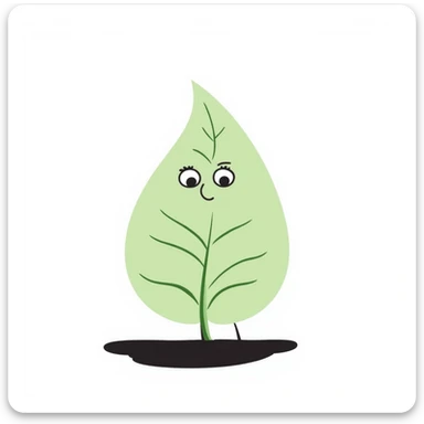 soft hand drawn digital illustration of a light green symmetrical leaf character with peaceful happy expression, minimalist clean design, gentle digital brush textures, designed for mobile app interface sticker