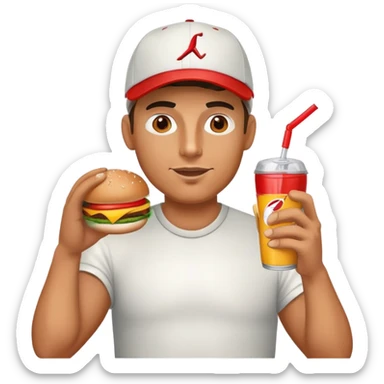Man drinking an energy drink and eating a burger sticker