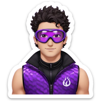 close-up of male athlete with white skin and moderately curly dark brown hair on top with shaved sides, wearing ski goggles with purple frames and very dark black lenses, a simple plain black chain necklace, and a completely unzipped sleeveless vest with purple and black sequin fire pattern design with no logo, with an arrogant smug smirk on his face, looking confident and cocky sticker