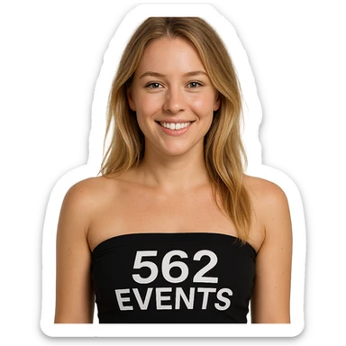 realistic woman with blonde hair, black tube top that says '562 Events' sticker