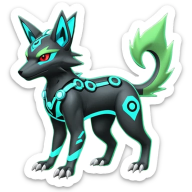 Black and green cyberpunk intricate neon glowing grey white futuristic cyborg-Zeraora-Zoroark-Umbreon-Litten-Salandit-fusion (full body) sticker