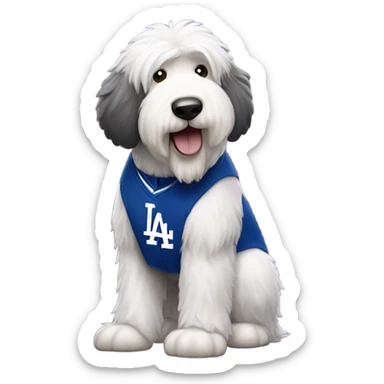 Old English Sheepdog full height wearing a Los Angeles dodgers shirt sticker