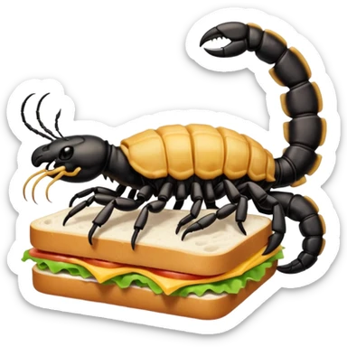 MAKE A SCORPION ON TOP OF A EHITE FLUFFY CLOUD THAT IS HOLDING A SANDWICH IN ITS CLAW AND LOOKING LIKE ITS EATING IT AND ITS NOT ON TOP OF THE SANDWICH ITS HOLDING IT AND NO SANDWICH UNDER ITS FEET OMG JUST MAKE A CLOUD AND ON TOP OF IT IT SHOULD BE A SCORPRON. HOLDING A SANDWICH sticker