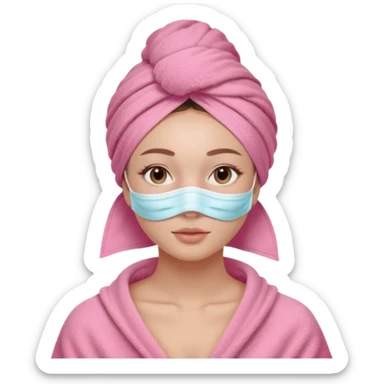 Clean girl influencer character, chest-up portrait, wearing a pink towel wrapped around the head,  skincare mask on her full face, relaxed confident expression, soft glow skin, minimal chic aesthetic, subtle beauty accessories, calm self-care vibe sticker