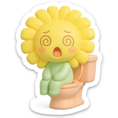 lemon yellow dandelion flower with a shocked face, sitting on a toilet with swirls in the eyes, soft colors, chibi expression sticker
