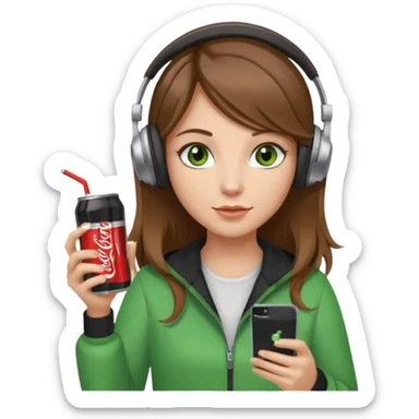a girl with brown hair blonde ends green eyes phone in hand with diet coke and wearing headphones sticker