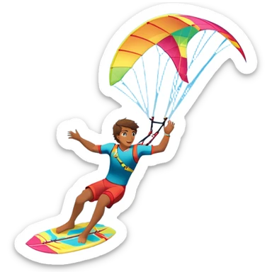 A professional kite surfer performing a high-flying trick on the waves, with a colorful kite soaring above. The background features a stunning landscape of rolling ocean waves, a bright sky, and distant mountains, emphasizing the skill and freedom of the sport. sticker