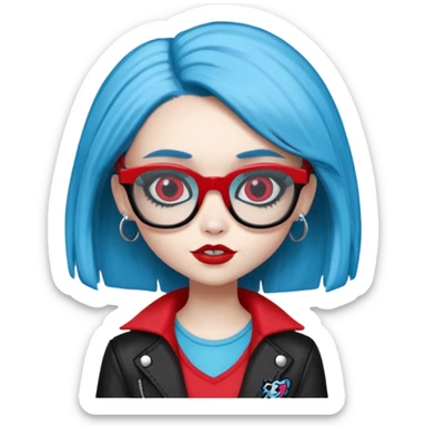 Ghoulia yelps monster high doll in scene/emo style clothes, thin, red, rectangle glasses sticker