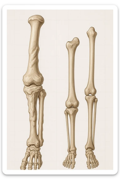 A highly realistic medical illustration focusing on a human arm and leg bones affected by melorheostosis. The bones appear visibly thickened, irregular, and larger than normal, with clear, layered bone growth resembling melted wax dripping down the side of the bones. The image shows a side-by-side comparison with a healthy bone for clarity, highlighting the difference in size and texture. The color palette includes neutral bone colors with subtle shading to show the abnormal contours and ridges. The background is clean and minimalistic, with faint anatomical grid lines for a scientific, educational feel. The overall mood is informative and precise, conveying the key visual characteristic of melorheostosis: progressive bone thickening that makes bones visibly larger and irregular. sticker