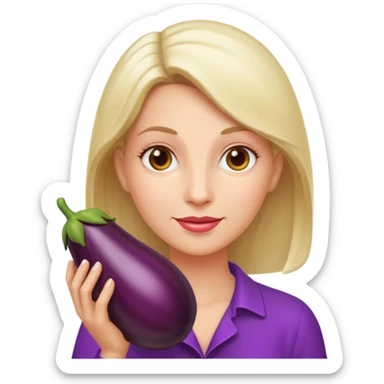 White woman holding an aubergine sticker