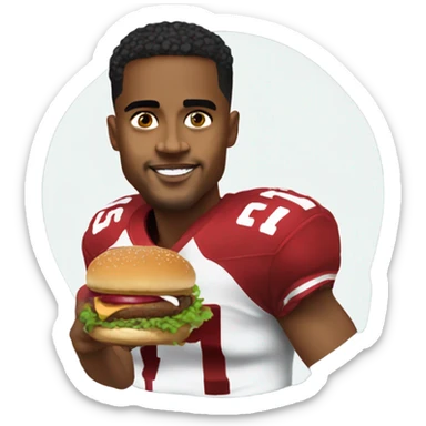 Black man with low taper fade eating burger with green Jalen hurts football jersey on sticker