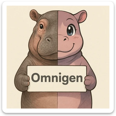 a hippo holding sign of omnigen, half picture hippo is realistic another hald is the anime of that same hippo sticker