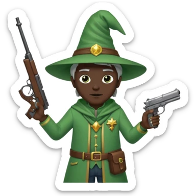 A wizard 🧙 wearing green clothes, with black skin, holding a pistol 🔫 and a rifle sticker