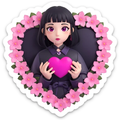 goth sakura black heart with metallic pink sakura petals, shiny and bold sticker