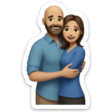 Brown-haired Puerto Rican woman with dark brown eyes wearing a cute blue blouse giving comforting hug to short, bald man with brown eyes, laugh lines, and a beard sticker