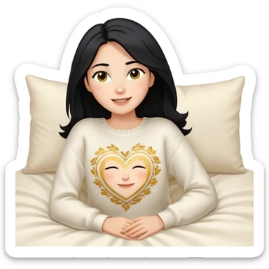 A woman with shoulder-length black hair, light to medium skin tone, full cheeks, and almond-shaped eyes, wearing a white sweater with gold design, lying comfortably on a bed with soft lighting, joyful and radiant expression. sticker