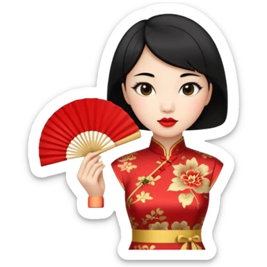a chinese woman wearing a cheongsam holding a folding fan elegantly with fancy, red lipstick and short black hair sticker