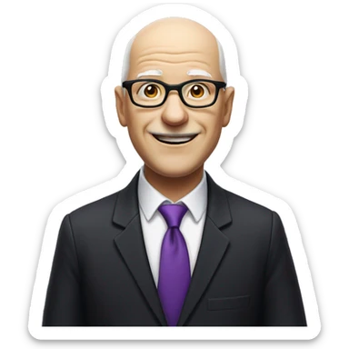 white, bald old man wearing a black suit with a purple tie and glasses, with no mustache, smiling with teeth, standing back sticker