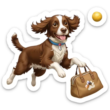 brown English springer spaniel jumping for joy on a Northumberland beach with a bag of balls sticker