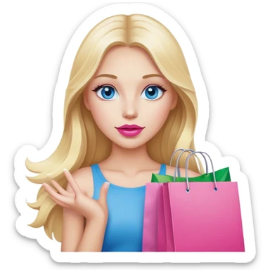 Cinematic realistic blonde with long hair, blue eyes and pink lips holds shopping bags in her hands sticker