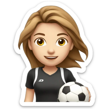 Caucasian girl with brown long hair running with a soccer ball wearing White short and black shorts sticker