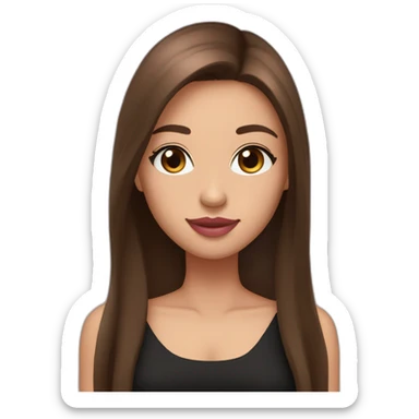 A girl with brown eyes, long straight brown hair, plump pink lips in a black dress sticker