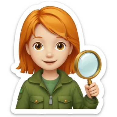 braid orange haired girl kid in moss green explorer outfit, holding magnifying glass, smile sticker