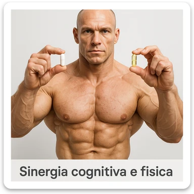 hyper realistic bodybuilder holding capsules of citicoline and acetylcarnitine, well visible muscles, white background, text 'Sinergia cognitiva e fisica', clinical atmosphere sticker