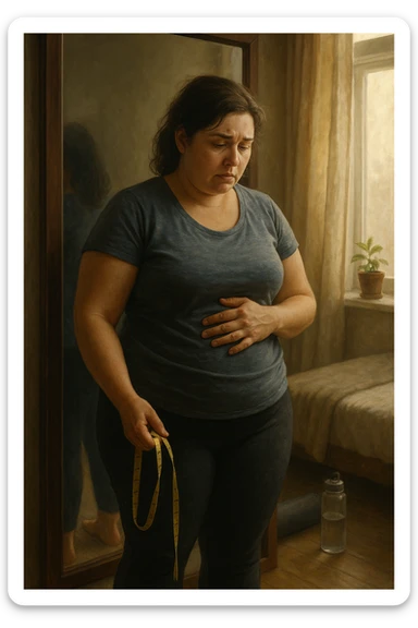 A realistic, cinematic illustration of a woman in her early 30s with a slightly rounded body shape, standing in front of a mirror in a softly lit bedroom, looking at her reflection with a thoughtful, slightly discouraged expression. She is wearing comfortable home workout clothes, holding a tape measure in one hand loosely, while her other hand gently touches her belly area, showing her frustration with slow weight loss progress. The room is cozy, with natural light filtering in, a yoga mat rolled up in the corner, a water bottle, and a small plant on the windowsill. The scene captures the emotional struggle and quiet determination of a woman facing difficulties in losing weight despite her efforts, with warmth and dignity. sticker