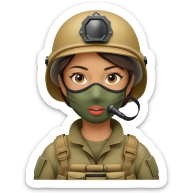 woman soldier without cap wearing mouth mask sticker