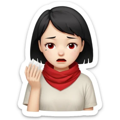 a pretty bratz fair girl crying in a loose oversized off white tshirt and red scarf with short black hair with a tissue box sticker