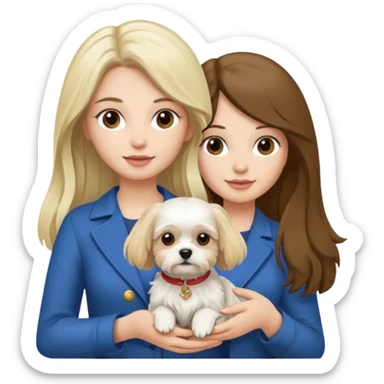two women are holding only one Maltese dog. one woman is brunette the other woman is blonde long haired  sticker