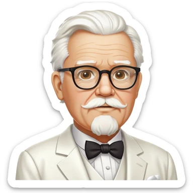 Colonel Sanders, old white man with square glasses, white goatee beard, white suit, KFC founder sticker