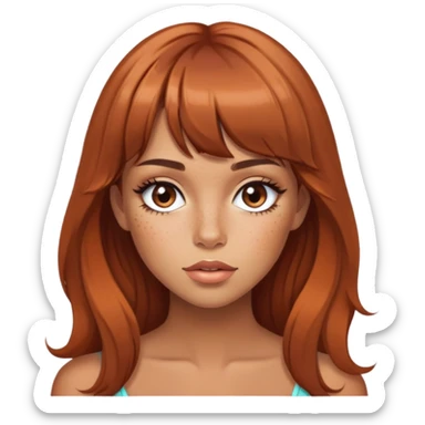 pretty freckled, bangs , long brown hair baddie with makeup sticker