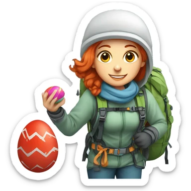Female winter mountain climber red hair climbing, Greek flag on backpack and holding Easter eggs basket sticker