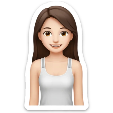 a pretty bratz fair girl with straight brunette long hair, middle partition. wearing a white thin strap trap tank top, smiling, wearing light makeup. very pretty. sticker
