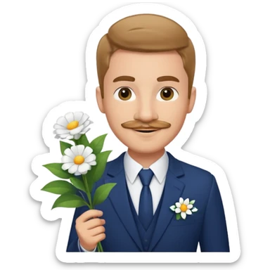 Homme 23 ans léger bouc moustache pas trop épaisse en costume bleu foncé chemise blanche insigne cabin crew portant bouquet fleur blanche souriant  sticker