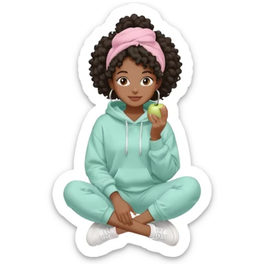 Black girl, clean girl aesthetic, 4C curly hair in a puff, pastel hoodie, white sneakers, minimal jewelry, soft smile, cozy vibe, bright colors, Apple-style skincare routine     White face mask + towel on my head = self care time. sticker