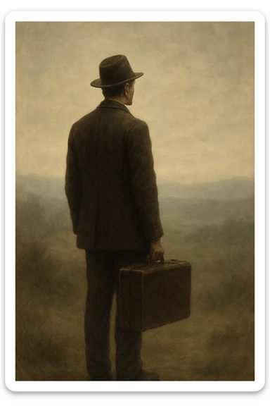 a man with a suitcase, gazing at a distant horizon, early 1900s style, philosophical, sense of longing and introspection sticker