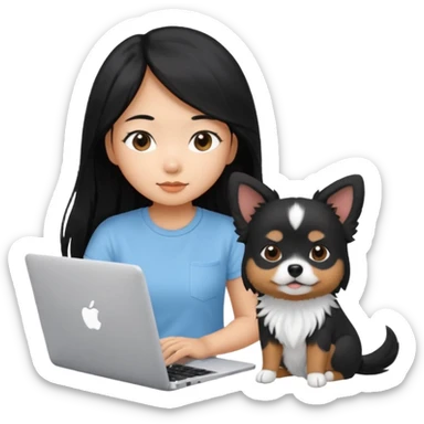 Asian girl with long black hair, wearing a light blue t-shirt, working on an Apple laptop, beside a small black and white dog sticker