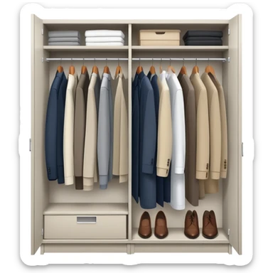 Minimalist wardrobe closet slightly open showing neatly hung professional jackets and shirts inside, organized sticker
