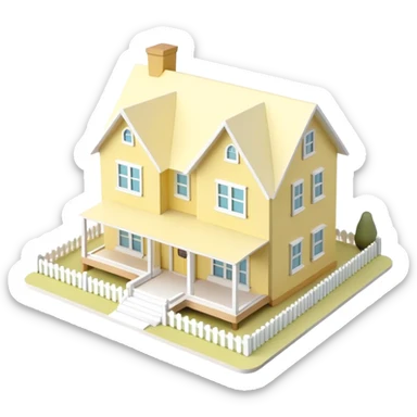 modern farmhouse dollhouse, 3d isometric, pastel yellow and white, realistic sticker
