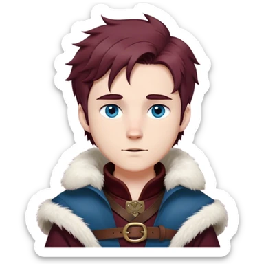 Medieval winter outfit worn by a DnD themed fantasy male character. Thick burgundy wool tunic with arctic fox fur lining, adorned with bronze clasps and a sturdy woven leather belt. Clothes only above the waist, full waist coverage. The character has no arms. Character is white-skinned with mahogany hair, stormy blue eyes, and short layered hair windswept with winter chill sticker