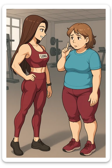 prendi spunto da queste immagini per fare: fai un webtoon/manga a colori con questa personal trainer (falle la scritta "LUNA" SU UNA TARGHETTA APPOSTA SUL TOP SPORTIVO CHE HA), che parla IN PALESTRA con una sua cliente che ha cellulite ed è leggermente in sovrappeso. LA SIGNORA è IN ABITI SPORTIVI E FA UNA DOMANDA A LUNA CON L'INDICE SUL MENTO ED ESPRESSIONE DUBBIOSA. LUNA STA DI PROFILO ALLA SIGNORA PER MOSTRARLE I MUSCOLI DEI FEMORALI CHE HA (LE STA CONSIGLIANDO DI ALLENARLI). NON FARE I FUMETTI, FAI SOLO LORO COME SE DIALOGASSERO. FAI LE DUE FIGURE A FIGURA INTERA CON IL CORPO INTERAMENTE VISIBILE sticker
