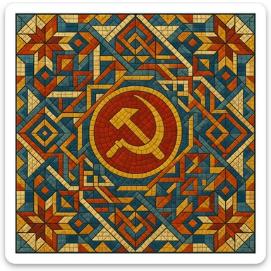 Soviet mosaic pattern in the style of Kerama Marazzi ceramic tiles, intricate geometric shapes, vibrant colors sticker