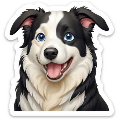 Cinematic Cute Yawning Black and White Border Collie Portrait Emoji, Head tilted slightly with a dramatic, wide-open yawn, showcasing a smooth black and white coat, floppy ears slightly drooping, round blue eyes barely open in drowsy contentment, Simplified yet irresistibly adorable features, highly detailed, glowing with a soft, cozy glow, high shine, relaxed yet alert, stylized with a touch of whimsy, bright and endearing, soft glowing outline, capturing the essence of a sleepy yet spirited herder, so drowsy it feels like it could stretch right out of the screen and curl up for a nap! sticker